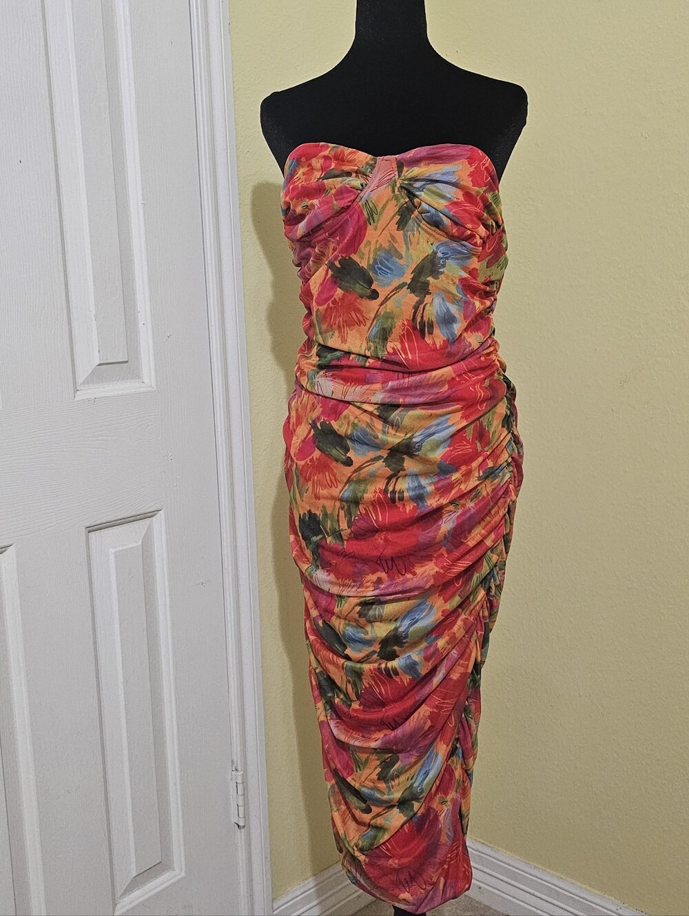 SHEIN Strapless Ruched Tropical Print Midi Dress - Pink, Orange, Green, Blue